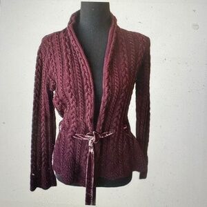 Lauren- Ralph Lauren burgundy cardigan sweater with velvet tie at hip. Sz M